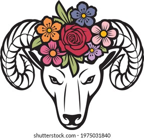 Ram head with flowers (vector illustration)