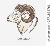 Ram head with horns, side view. Mountain goat head, profile view. Sheep head portrait. Farm animal.Vector illustration isolated on white background.