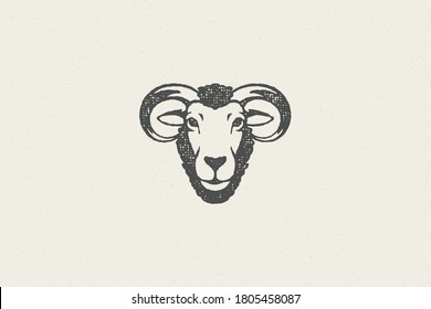 Ram head with horns silhouette designed as logo for farm industry hand drawn stamp effect vector illustration. Vintage grunge texture emblem for butchery packaging and menu design or label decoration