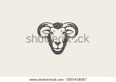 Ram head with horns silhouette designed as logo for farm industry hand drawn stamp effect vector illustration. Vintage grunge texture emblem for butchery packaging and menu design or label decoration