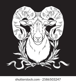 Ram head and laurel wreath Aries zodiac sign hand drawn print or blackwork flash tattoo art design vector illustration