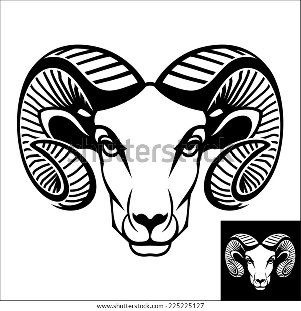 Ram head logo or icon in black and white. This\
is vector illustration ideal for a mascot and T-shirt graphic.\
Inversion version\
included.