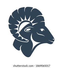 A ram head profile with a large horn. Side view. Zodiac astrological symbol of the sheep. Aries illustration vector flat design. Silhuette of a goat's head  as a mascot of fortune and sport