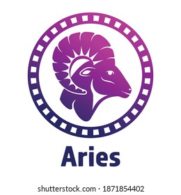 A ram head profile with a large horn in a circle. Side view. Zodiac astrology symbol of the sheep. Aries illustration vector flat design. Silhuette of a goat's head  as a mascot of fortune and sport