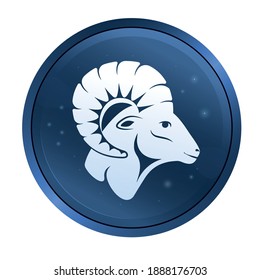 A ram head profile with a large horn button. Side view. Aries Zodiac astrology symbol of the sheep. Aries illustration vector flat design. Silhuette of a goat's head as a mascot of fortune and sport