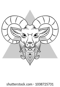 ram head Zentangle style with gray triangle isolated on white background. Doodle Hand Drawn Black color, Vintage sketch for tattoo design - vector illustration