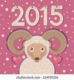 Ram with hearts and pink background.  New year greeting card. Sheep symbol of New year 2015. Colorful vector illustration.