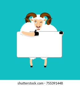 Ram holding banner blank. Sheep and white blank. Farm animal thumb up and winks joyful emotion. place for text. Vector illustration