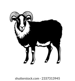 Ram Symbol. Nutztier. Wollproduktion. Männliche Schafe einzeln auf weißem Hintergrund. Vektorflache oder Cartoon-Illustration.