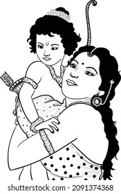 ram and kaushalya Indian god Lord rama playing with their mothers kaushalya black and white clip art. Indian god little Ram and kaushalya black and white wedding clip art symbol.