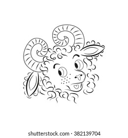 Ram. Lamb. Muzzle. Sketch. Black and white image.