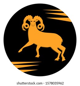 Ram with large swirling horns - round icon isolated on a white background - vector. Environmental Protection. Animal world.