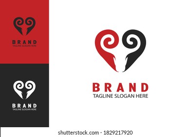 Ram logo heart shape design concept in negative space, unique simple and minimalist logo.