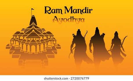 Ram Mandir Ayodhya Silhouette, Vector Illustration on Orange Background.