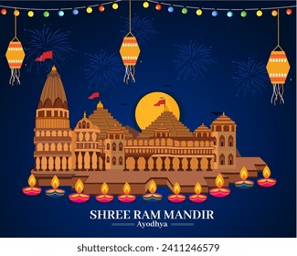 Ram mandir decorative with Diya's and colorful light to welcome lord ram in night view of ram mandir	
