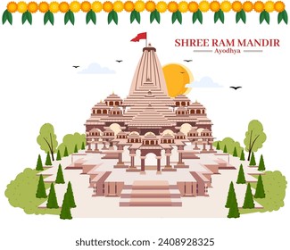 Plan de diseño del templo espiritual hindú Ram Mandir con decoración de tierras de cultivo 