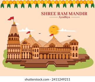 The Ram Mandir spiritual Hindu temple birthplace of Rama with garland background