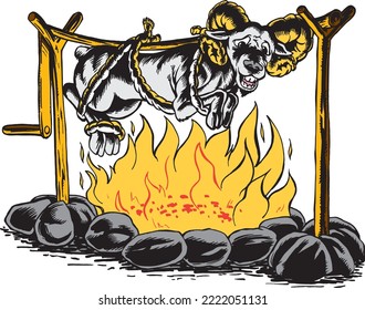 Ram Mascot Being Roasted Vector Illustration