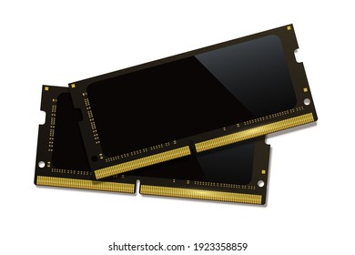 RAM-Speicherchips. Vektorgrafik des Computerspeichers. PC schwarze elektronische Flash-Karte mit Informationen auf weißem Hintergrund. Interne Hardware-Technologie mit Datenspeicherung.