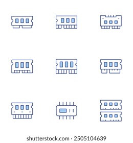 RAM-Speichersymbole festgelegt. Linienduotonstil, bearbeitbarer Strich. Chip, RAM, Speicher, RAM.