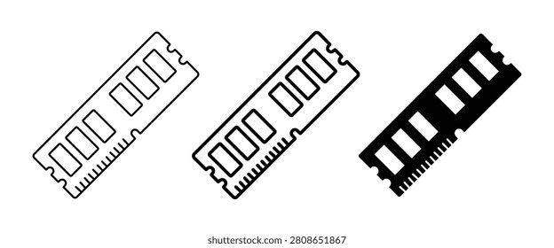 RAM Memory Module Vector Icon Set, Computer Random Access Memory Outline, Silhouette and Flat Collection Isolated on White Background