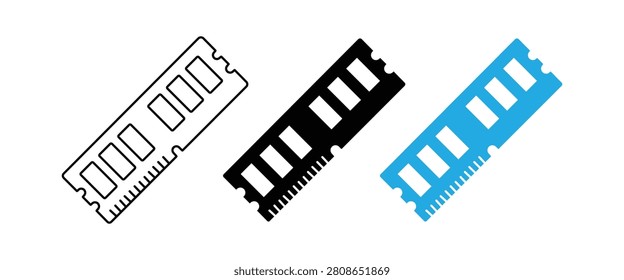 RAM Memory Module Vector Icon Set, Computer Random Access Memory Outline, Silhouette and Flat Collection Isolated on White Background