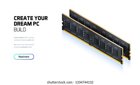 RAM memory realistic 3d isometric illustration, personal computer hardware components, custom gaming and workstation accessories, pc store and service
