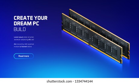 RAM memory realistic 3d isometric illustration, personal computer hardware components, custom gaming and workstation accessories, pc store and service