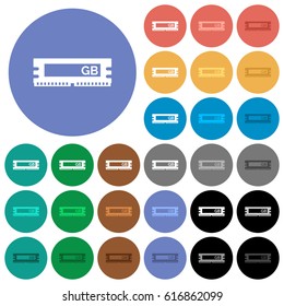 RAM module multi colored flat icons on round backgrounds. Included white, light and dark icon variations for hover and active status effects, and bonus shades on black backgounds.