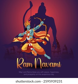 Ram Navami Artwork Warrior Lord Rama in Archer Stance, Divine Shadow, Glowing Temple Silhouette, Blessing Text, and Rich Purple-Red Festive Background for Hindu Festival Design.