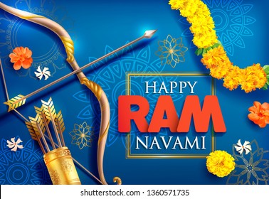 Ram Navami (Birthday Of Lord Rama) Greeting Card For Hindu Spring Festival Navratri. Vector Illustration.
