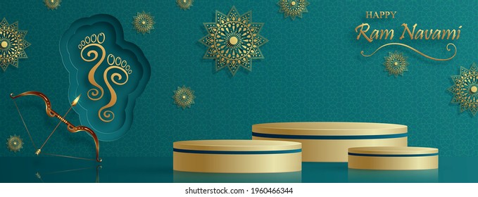 Ram Navami celebration , the Rama Lord festival design podium round stage with oriental elements on paper color background for Shree Ram Navami festival