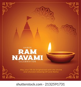 ram navami festival greeting with realistic diya and temple