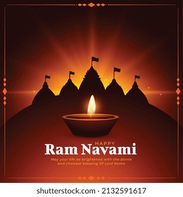 ram navami greeting with diya lamp and temple