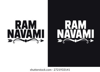 Logotipo de Ram Navami con texto en negrita y diseño decorativo de arco y flecha sobre fondos blancos y negros