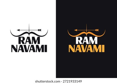 Logotipo de Ram Navami con arco y flecha sobre fondo blanco y negro, texto en negrita fuente, diseño colorido y vibrante