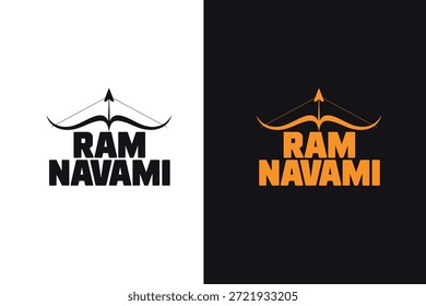 Ram Navami logo with bow and arrow on white and black backgrounds, featuring Ram Navami text in black and orange colors, symbolizing the Hindu festival