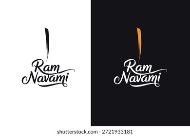 Logotipo Ram Navami com design elegante pincelada em fundos brancos e pretos, apresentando texto Ram Navami em fontes elegantes