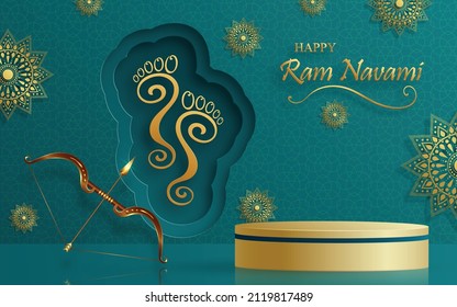 Ram Navami podium roung stage, the Rama Lord festival with oriental elements on color background for Shree Ram Navami festival