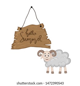 Ram near wooden signboard with the inscription "hello summer" in vector. Cartoon illustration