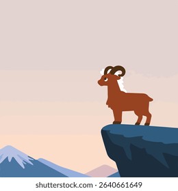 Ram on Cliff Edge with Mountain View Cartoon Illustration