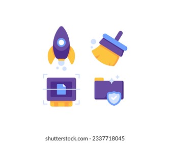 ram optimizer, memory scanner, junk file cleaner, data protection and security. software or application. technology. set or collection of symbols or icons. flat and minimalist illustration concept