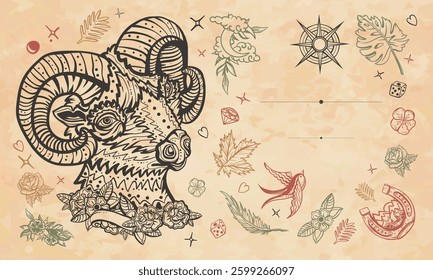 Ram portrait. Mountain goat. Funny ship. Farm animals. Cover page template. Medieval manuscript style. Old paper vector