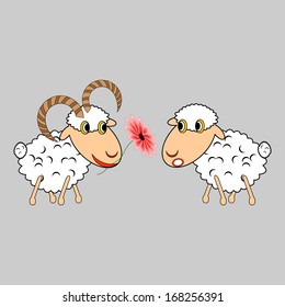 A ram presenting a sheep a flower. Funny cartoon illustration. Vector art