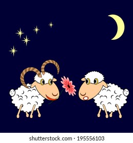 A ram presenting a sheep a flower. Funny cartoon illustration. Vector art