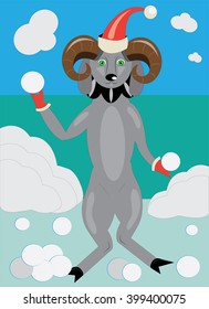 The ram in a red cap throws snowballs