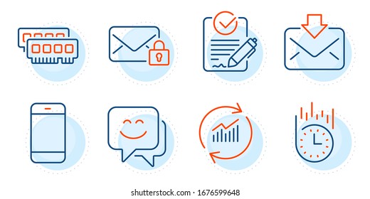 Ram, Secure mail and Incoming mail signs. Fast delivery, Smile face and Update data line icons set. Smartphone, Rfp symbols. Stopwatch, Chat. Technology set. Outline icons set. Vector