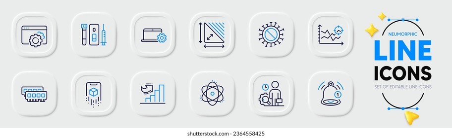 Ram, Seo-Gang und Seo-Analyse-Line-Symbole für Web-App. Pack of Inspect, Augmented Reality, Coronavirus Piktogram Icons. Notebook-Service, Dreieck, Blut- und Speicheltestschilder. Vektorgrafik