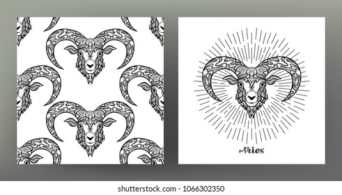 Aries, sheep, ram. Set of Zodiac sign illustration on the sacred geometry symbol pattern and  seamless pattern with this sign. Black-and-white graphics. Stock vector illustration.