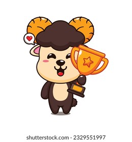 ram sheep holding gold trophy cup cartoon vector illustration.